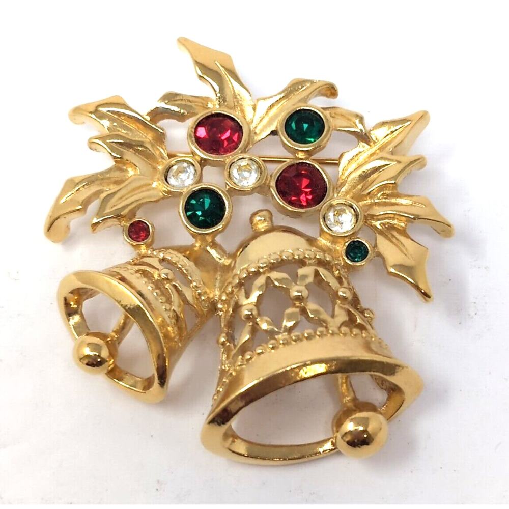 VTG Avon Jewelry Christmas Brooch Bells Gold Tone Red Green‎ Clear Rhinestones
